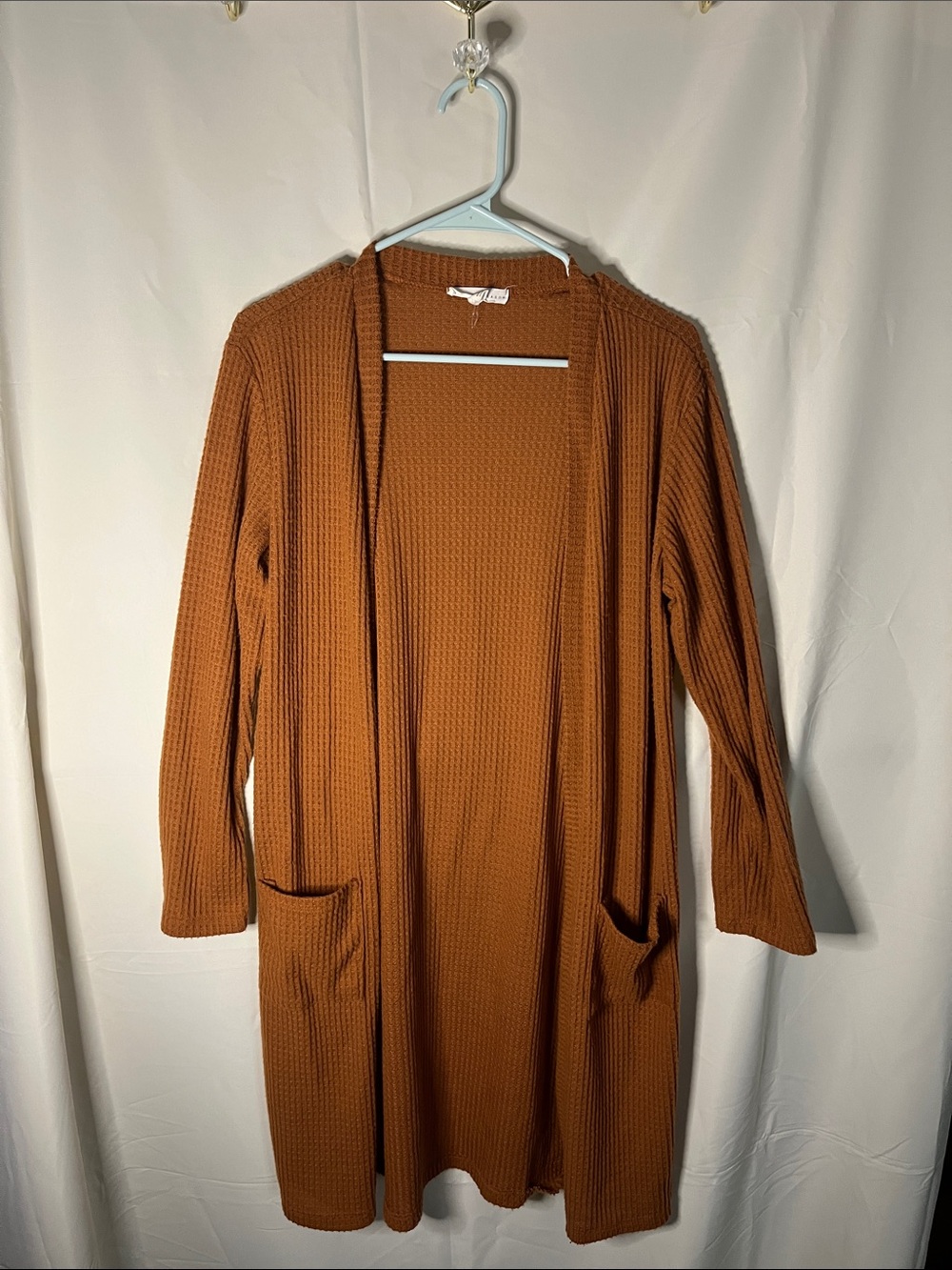 Long Open-Front Waffle Knit Cardigan - Rust